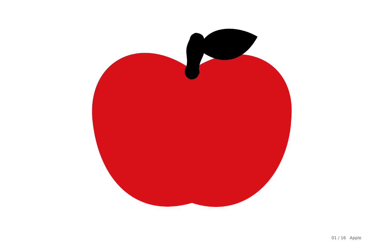 Card one of sixteen from Everyday Foods: a large red apple with a black stem and leaf.