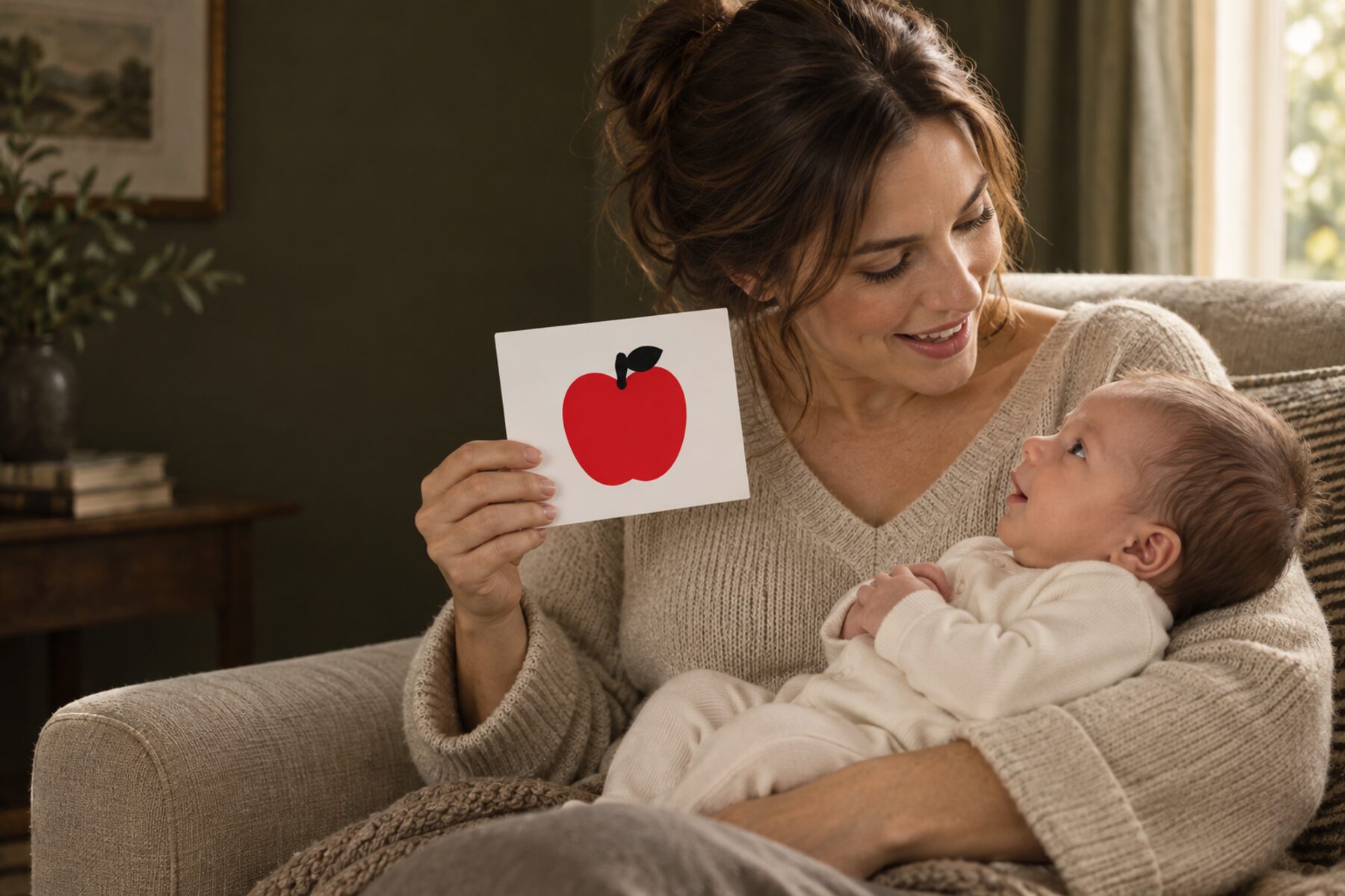 A mother sitting in a warm living room, holding her newborn in one arm and a white card showing a red apple in the other. They are looking at each other.